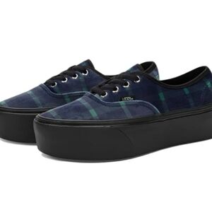 Vans Women's Blue and Green Plaid Platform Sneakers